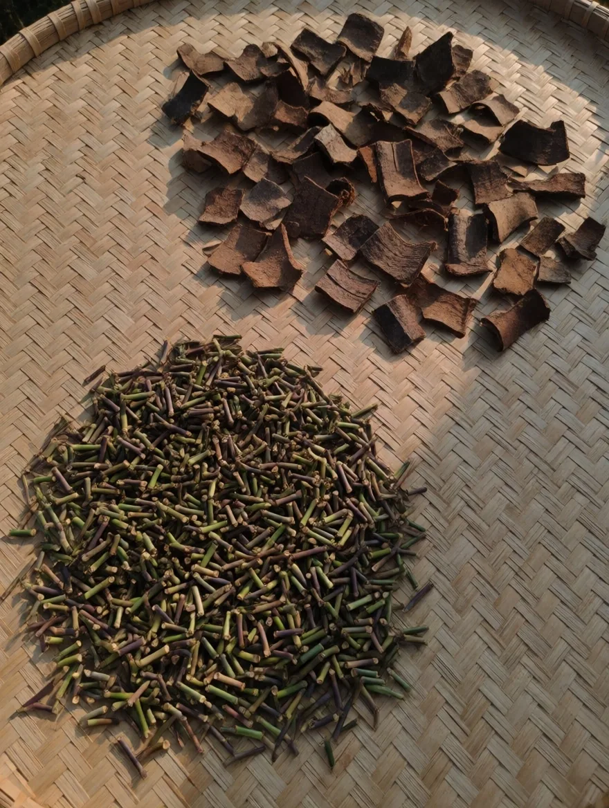 Dried botanical roots and seeds arranged on a workbench