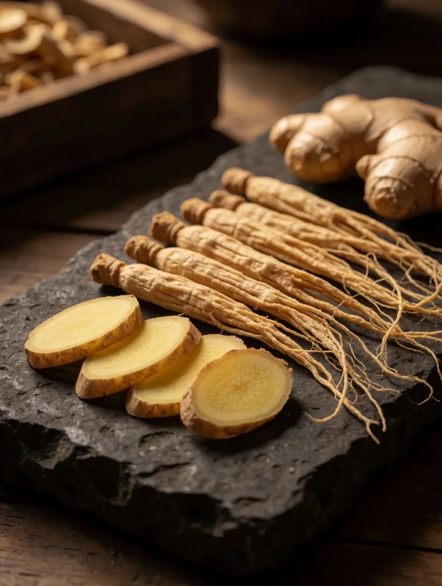 Dried ginger root and ginseng slices on a wooden workbench