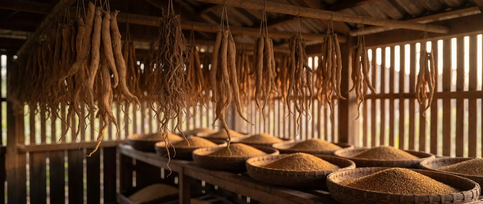 Ginseng root and fenugreek seeds on a workbench under amber light