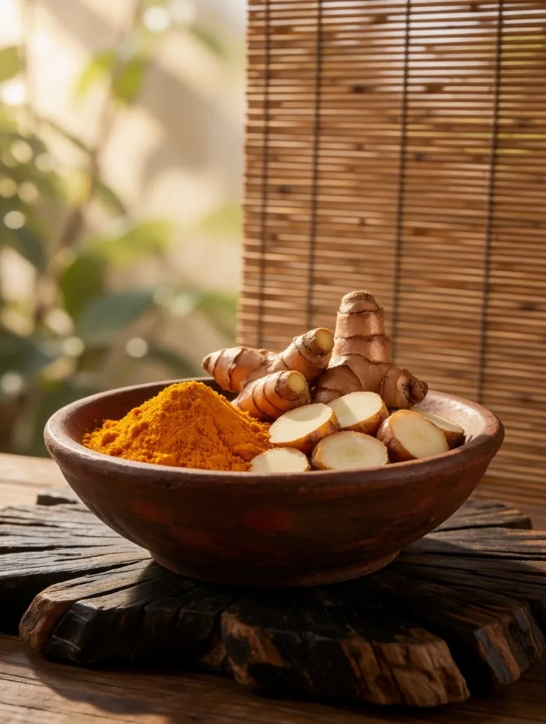 Ginger and turmeric roots on a wooden surface