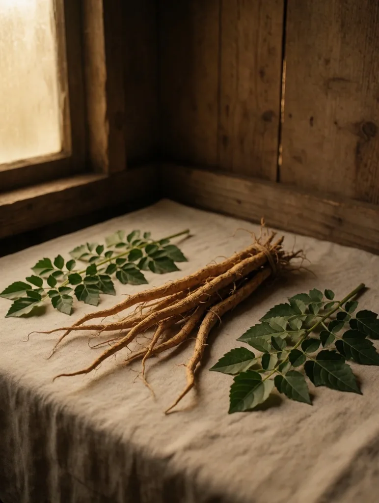 Tongkat Ali root and Tribulus plant specimens on a workbench