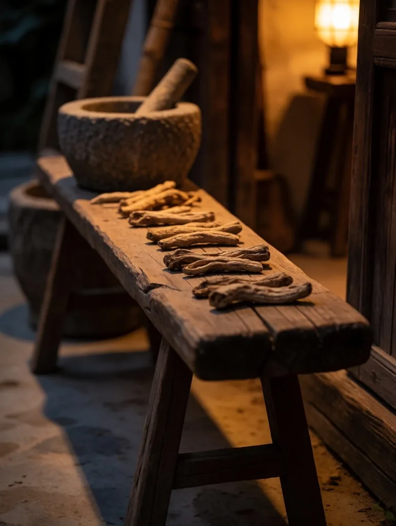 Workshop bench with botanical preparations at dusk