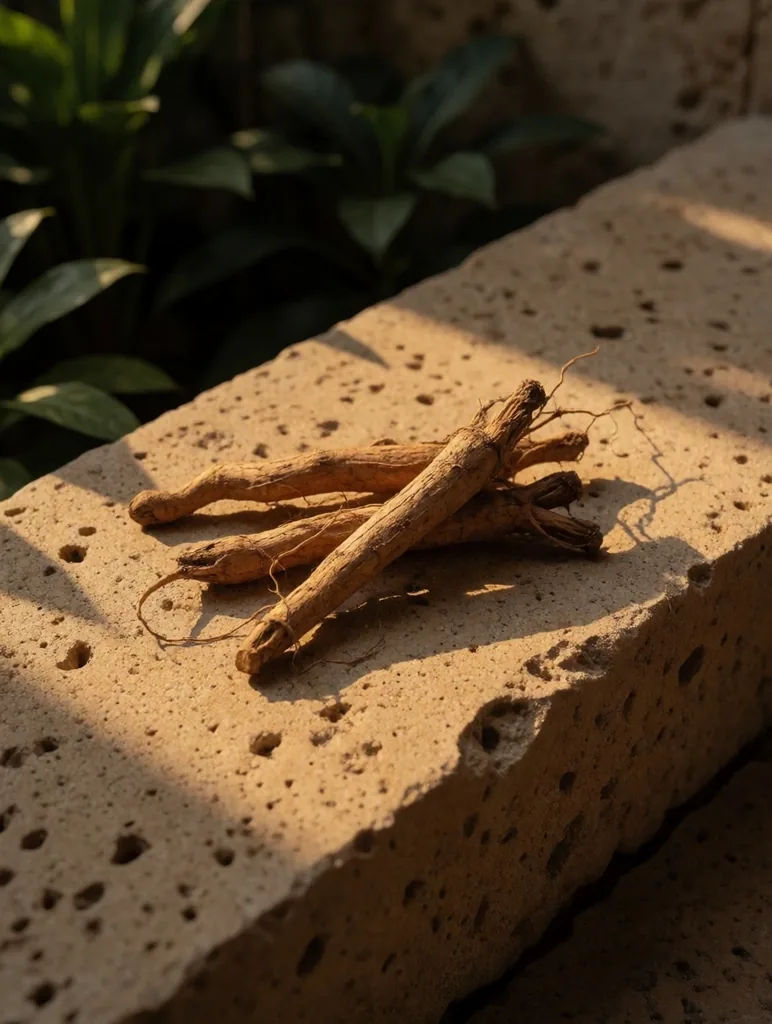 Dried botanical roots and ginger on a wooden workbench under warm amber light