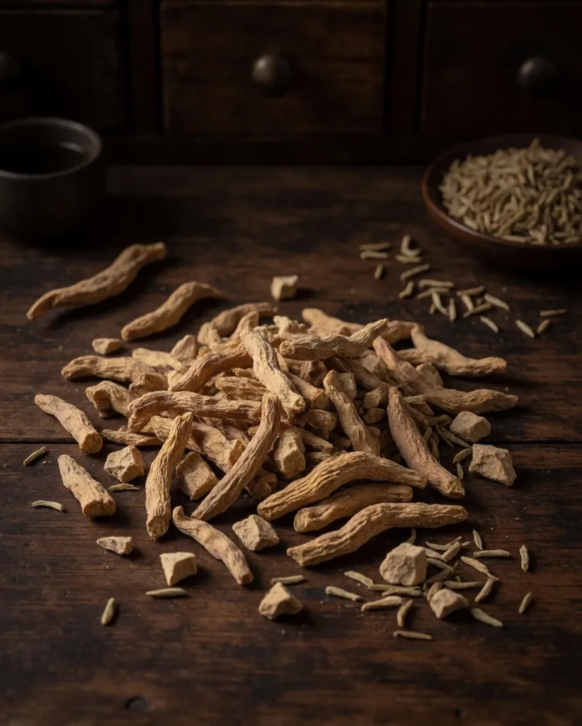 Dried ashwagandha and rhodiola roots on a wooden workbench